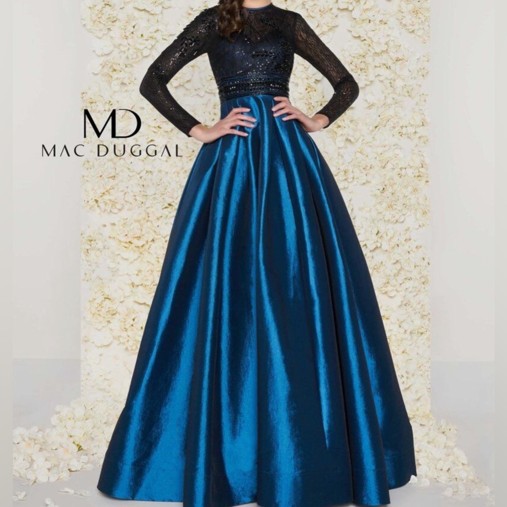 MAC DUGGAL 62883D Teal Black Beaded Sequin Taffeta Long Sleeve Ball-Gown